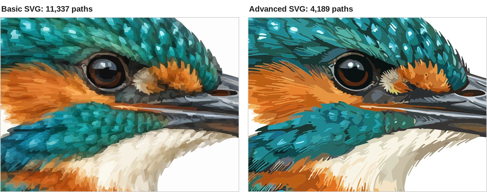 Eye crop of a kingfisher illustration traced two ways, with path counts of 11,337 and 4,189