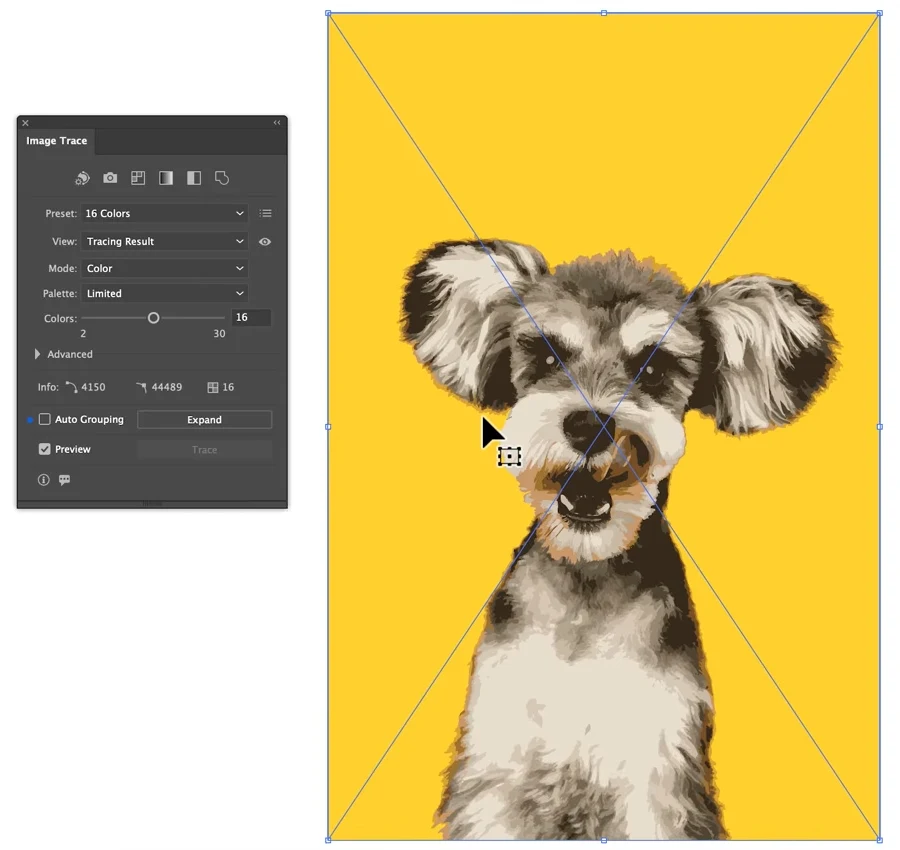 Image Trace panel set to 16 Colors with Info showing 4,150 paths and 44,489 anchors