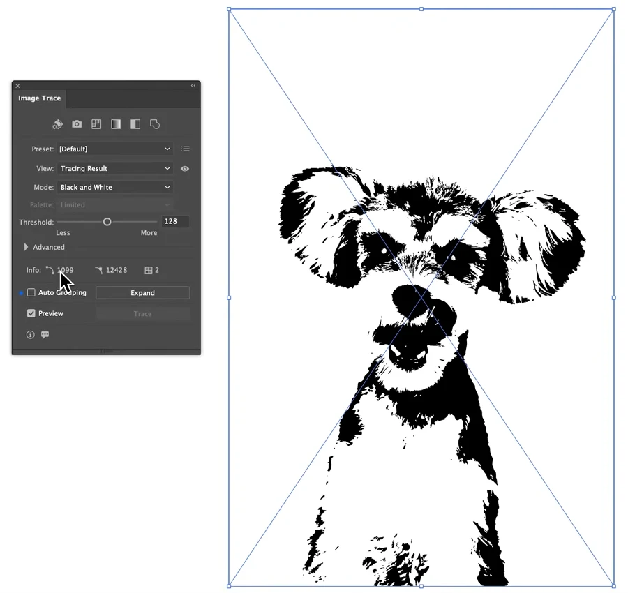 Illustrator Image Trace panel in Black and White mode with Threshold 128 next to the traced photo