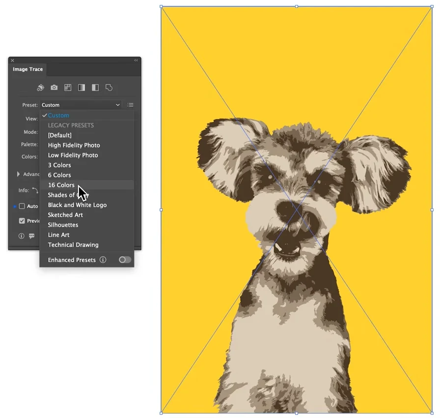Image Trace preset menu listing legacy presets and the Enhanced Presets switch