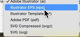 Illustrator Save As format menu listing Adobe Illustrator, EPS, Template, PDF, SVG Compressed and SVG