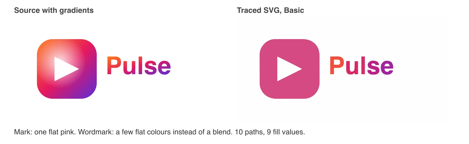 Pulse logo with gradients: source on the left, trace on the right with a single flat pink icon and a wordmark in a few flat colours