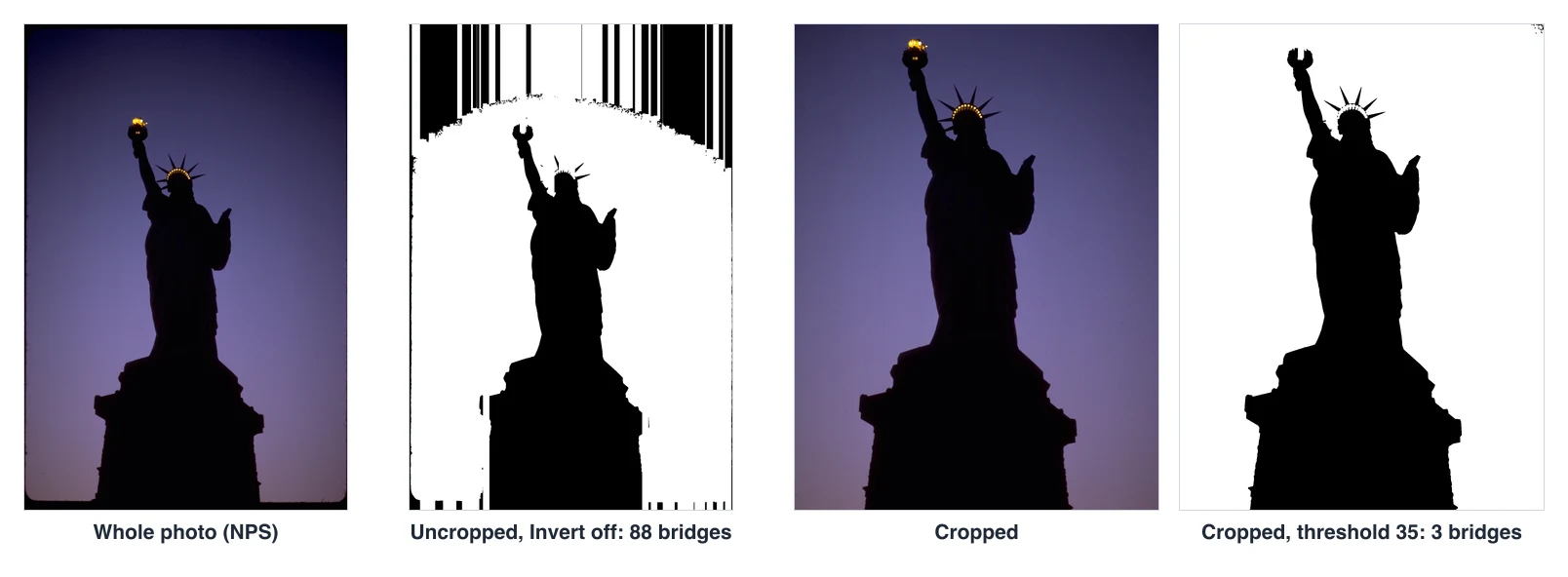 Four panels: the whole Statue of Liberty photo, its stencil with 88 bridges, the cropped photo, and the cropped photo's stencil with 3 bridges