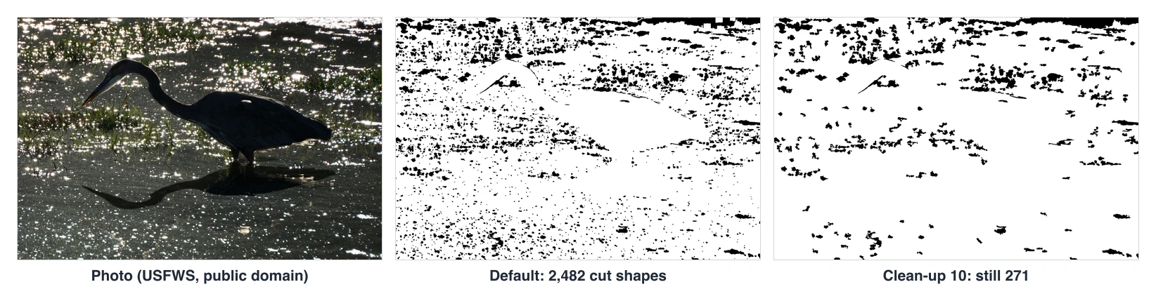 Heron photo, its stencil at default settings with 2,482 cut shapes, and the stencil with clean-up raised to 10 with 271 shapes