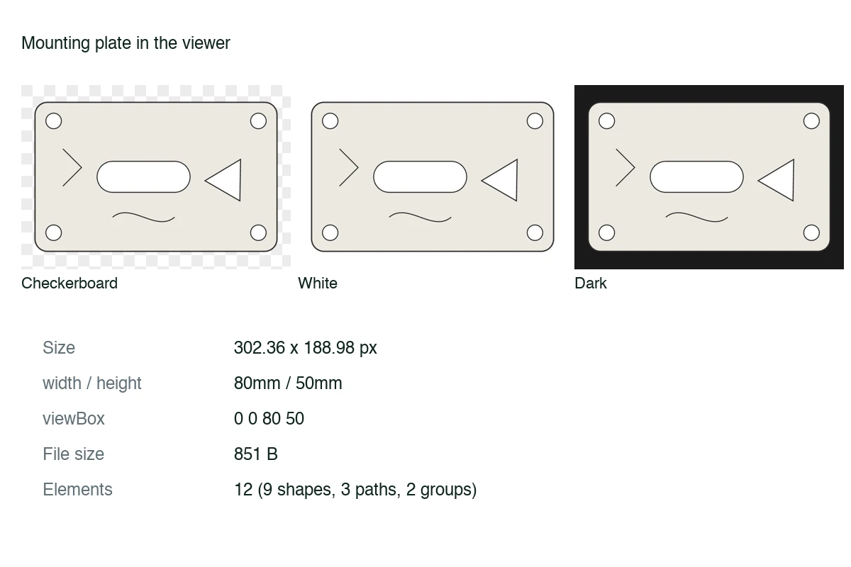 The same mounting plate drawing on a checkerboard, a white and a dark background, with its size readout